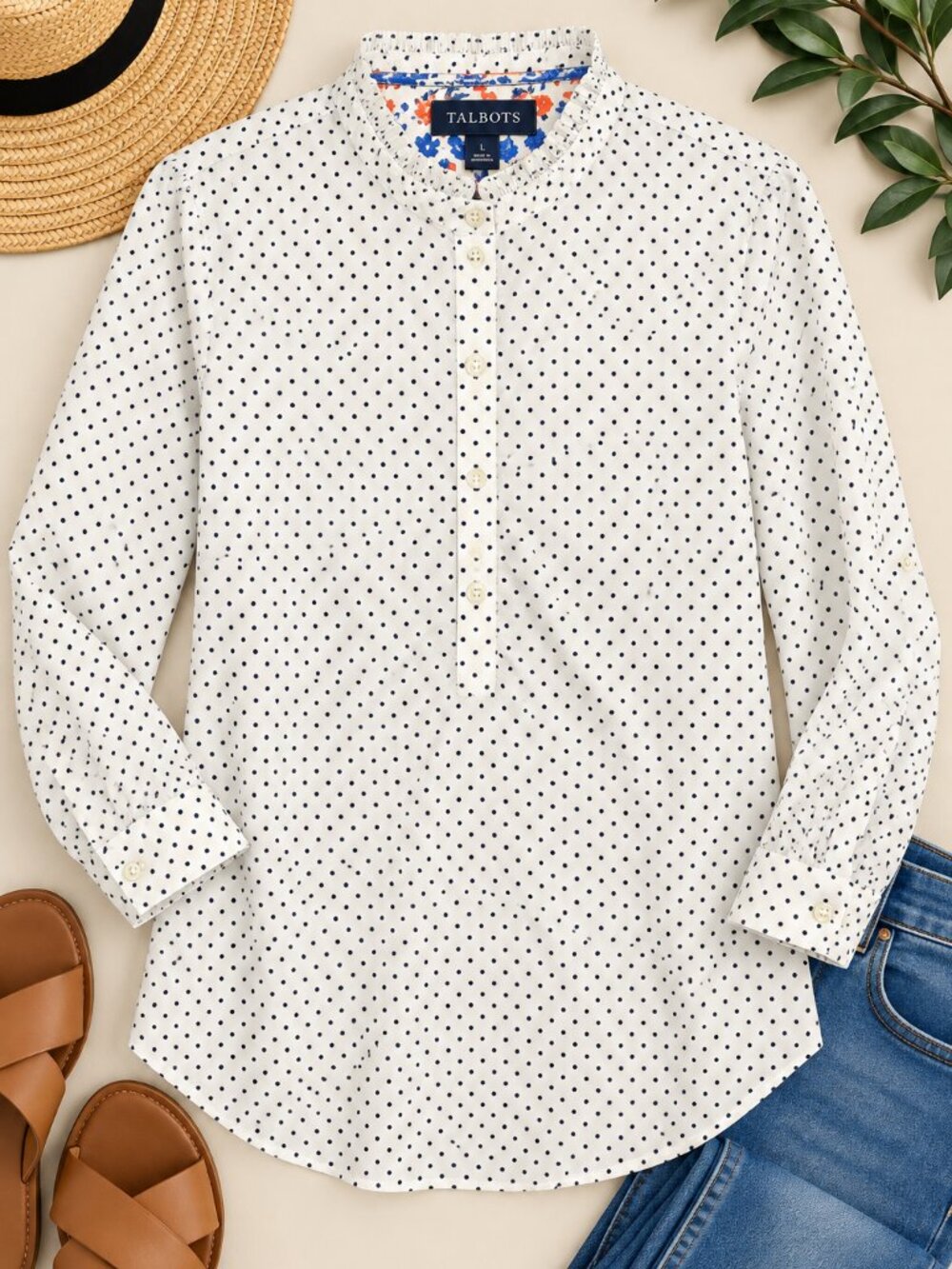 Talbots White Navy Polka Dot Ruffle Neck Popover Blouse L 100% Cotton Preppy